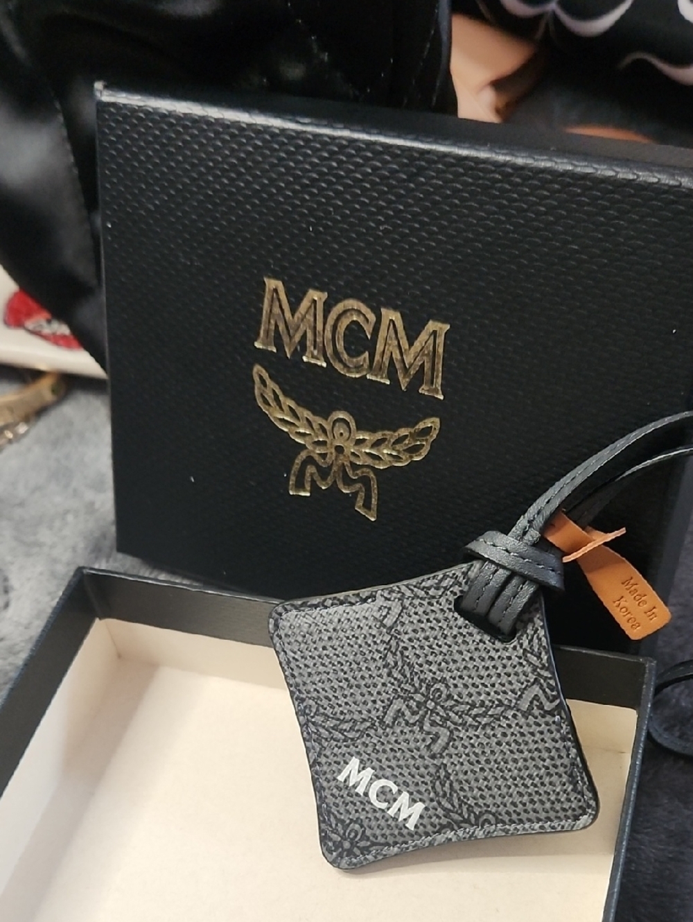 MCM Black Textured Monogram Luggage Tag with White Logo